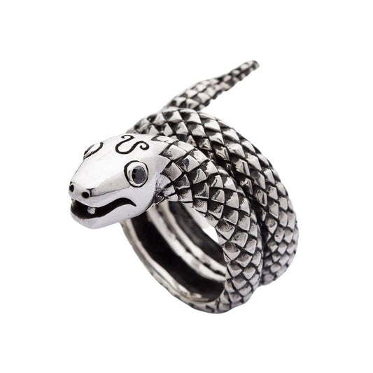 925 sterling silver coiled snake ring with black CZ eyes front view showing detailed scales