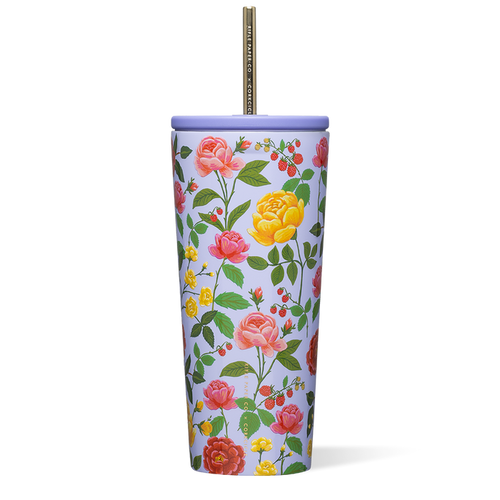 Floral-patterned tumbler with a straw on a white background