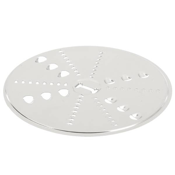 Stainless steel reversible shredding disk for the Bosch compact food processor on a white background