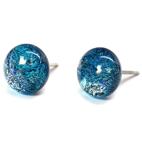 Cosmic Earrings by Nickel Smart. Round studs made from blue dichroic glass with depths of color.