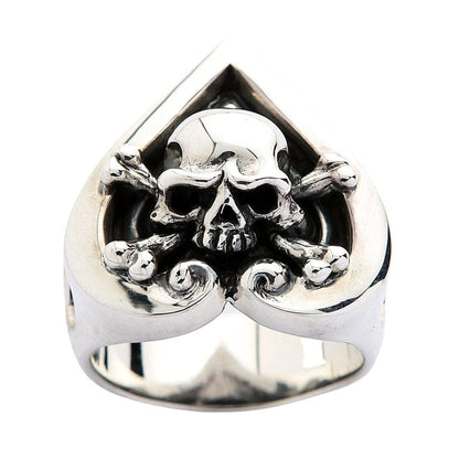 Front view of solid silver Ace of Spades skull ring with crossbones detail