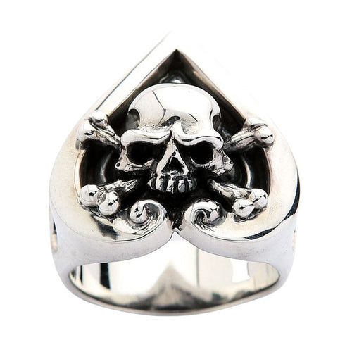 Front view of solid silver Ace of Spades skull ring with crossbones detail