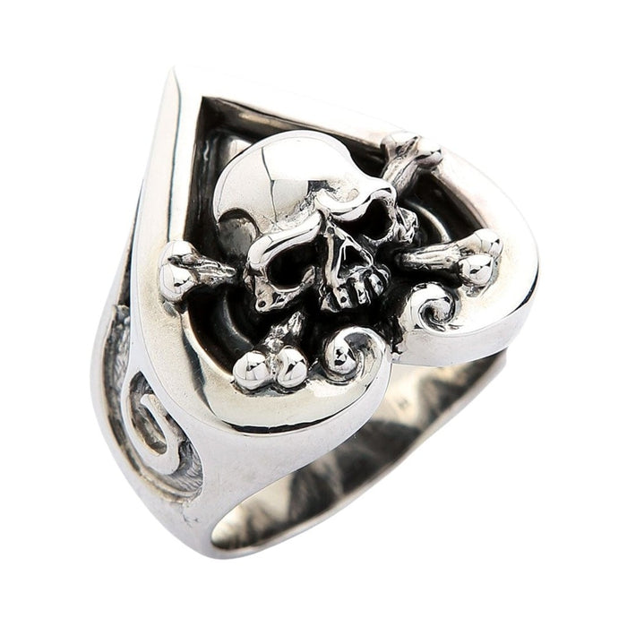 Angled shot showing the 3D depth of the sterling silver skull and crossbones