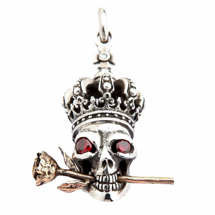 Red Garnet Eyes Crown Skull and Rose Sterling Silver Gothic Pendant
