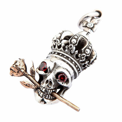 Red Garnet Eyes Crown Skull and Rose Sterling Silver Gothic Pendant [2]