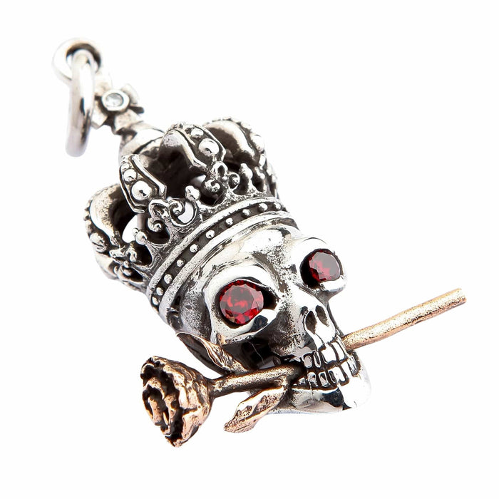 Red Garnet Eyes Crown Skull and Rose Sterling Silver Gothic Pendant [3]