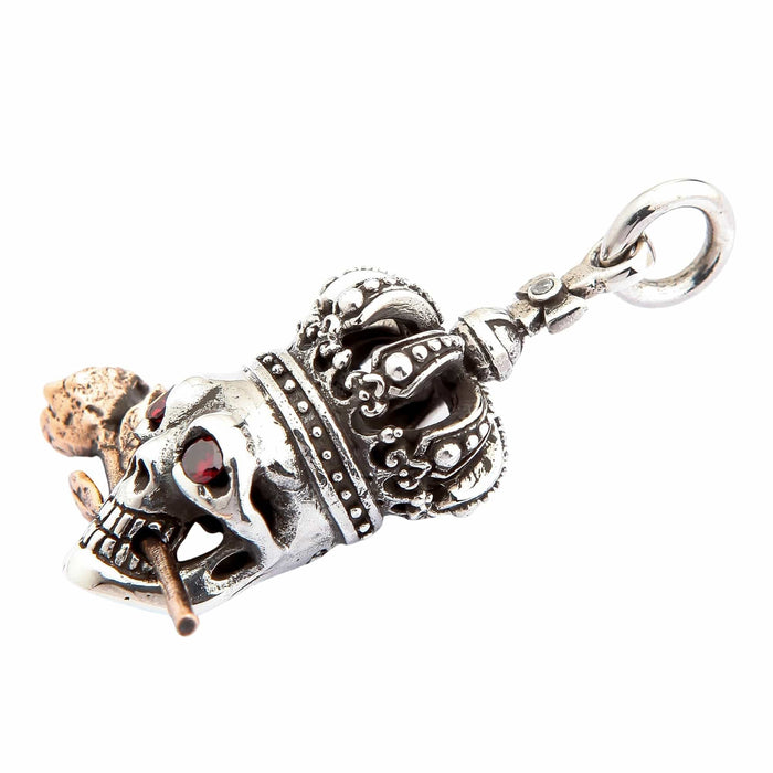 Red Garnet Eyes Crown Skull and Rose Sterling Silver Gothic Pendant [4]