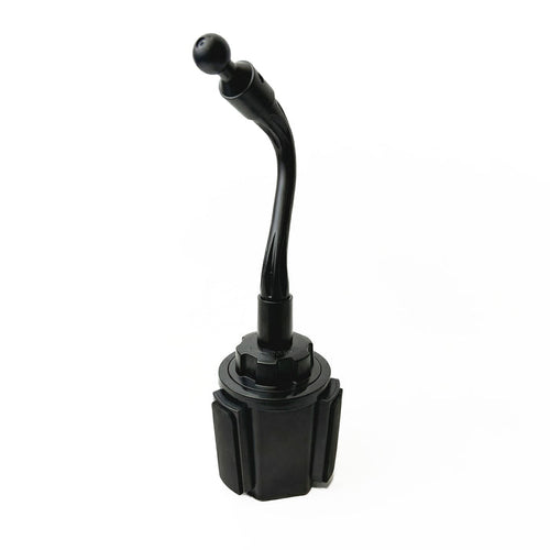 A black Cup Holder Mount with a flexible gooseneck and 17mm ball stands upright against a white background, featuring a curved design and rounded top reminiscent of automotive short throw shifters.