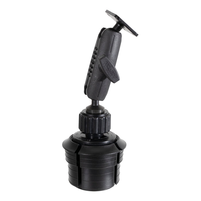 The Cup Holder Mount with Metal AMPS Mounting Pattern - 25mm features a black adjustable design with a rotating base and jointed arm, ideal for securing small devices or accessories; this versatile AMPS device holder is shown against a white background.