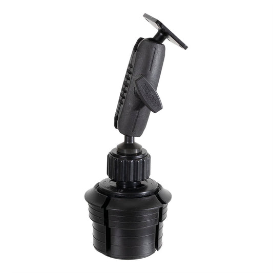 The Cup Holder Mount with Metal AMPS Mounting Pattern - 25mm features a black adjustable design with a rotating base and jointed arm, ideal for securing small devices or accessories; this versatile AMPS device holder is shown against a white background.