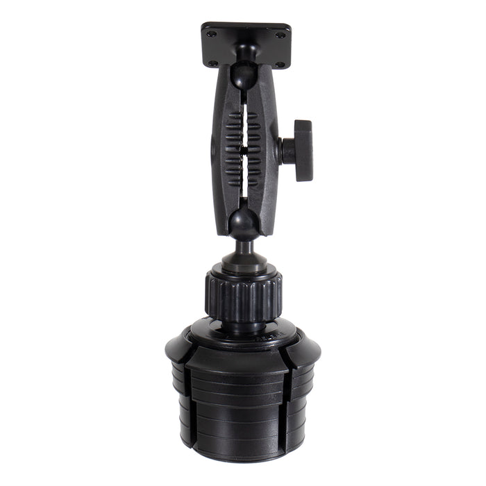 Cup Holder Mount with Metal AMPS Mounting Pattern - 25mm features a sturdy, adjustable design with a jointed arm and a round, adjustable base for securely holding devices or equipment. Compatible with AMPS device holders, this mount provides dependable support for a wide range of mounting applications.