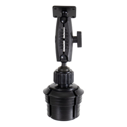 Cup Holder Mount with Metal AMPS Mounting Pattern - 25mm features a sturdy, adjustable design with a jointed arm and a round, adjustable base for securely holding devices or equipment. Compatible with AMPS device holders, this mount provides dependable support for a wide range of mounting applications.