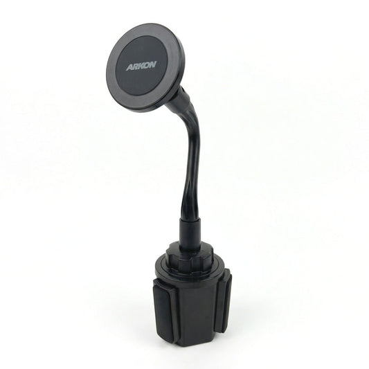 The Cup Holder Phone Mount with Gooseneck and 17mm Ball is a black magnetic phone holder featuring a flexible neck and round head, designed as an adjustable mounting solution for secure placement in your car’s cup holder.