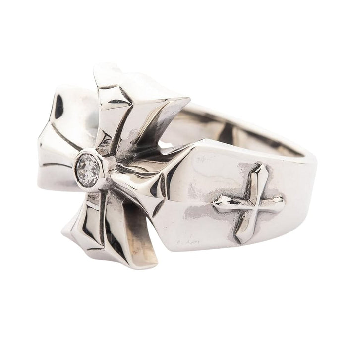 Side profile of handcrafted silver ring featuring gothic cross details