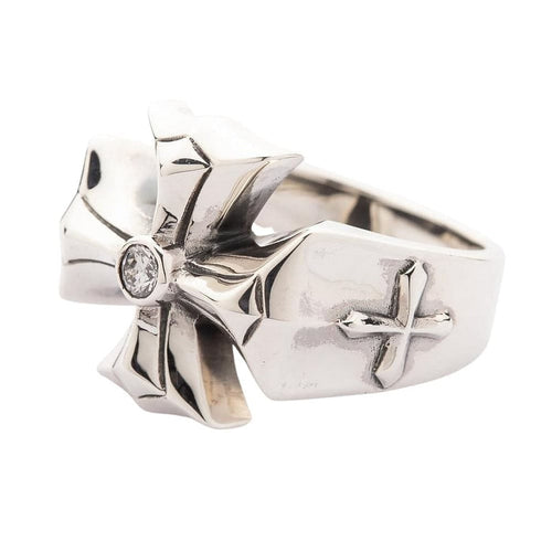 Side profile of handcrafted silver ring featuring gothic cross details