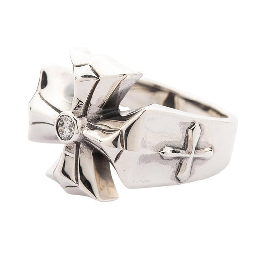 Side profile of handcrafted silver ring featuring gothic cross details
