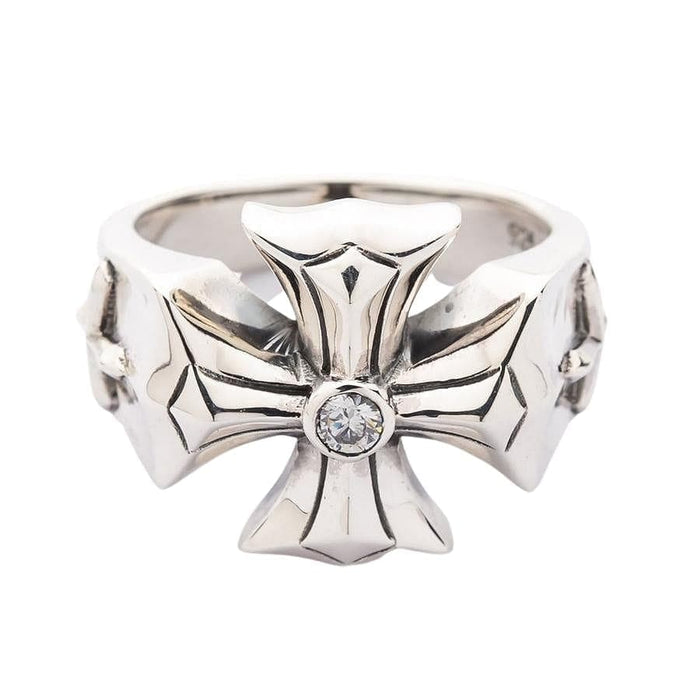 Front view of Diamond Cross Sterling Silver Ring with crystal accent