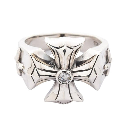 Front view of Diamond Cross Sterling Silver Ring with crystal accent
