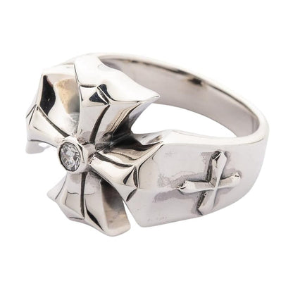Angled view of solid .925 sterling silver cross ring for men