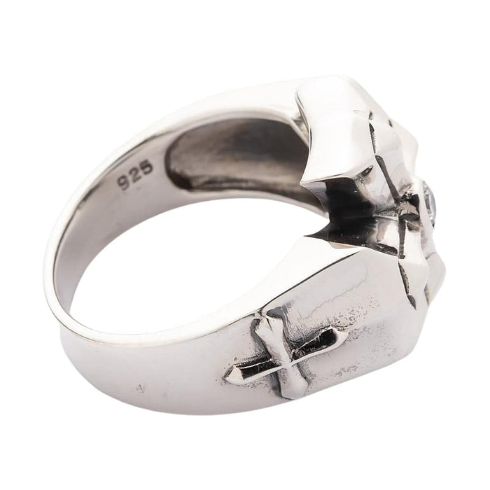 Back view showing the solid band and hallmark of the silver ring