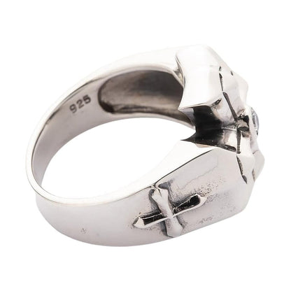 Back view showing the solid band and hallmark of the silver ring