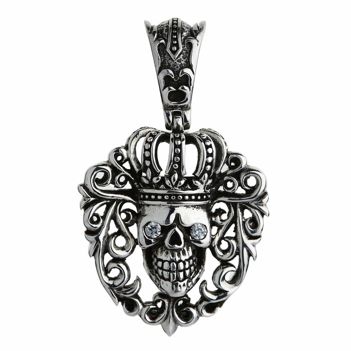Front view of the .925 sterling silver crown skull pendant, clear CZ eyes set inside a heart-shaped scroll frame