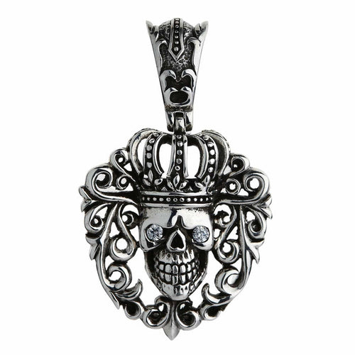Front view of the .925 sterling silver crown skull pendant, clear CZ eyes set inside a heart-shaped scroll frame