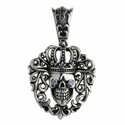 Front view of the .925 sterling silver crown skull pendant, clear CZ eyes set inside a heart-shaped scroll frame