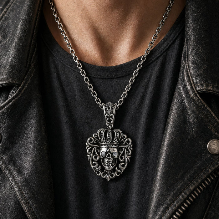 Worn at mid-chest over a black tee and leather jacket, the 32mm x 50mm crowned skull pendant hangs flat and straight