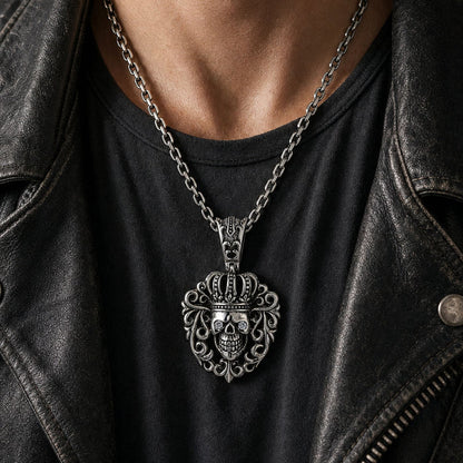 Worn at mid-chest over a black tee and leather jacket, the 32mm x 50mm crowned skull pendant hangs flat and straight