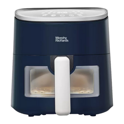 Navy blue Morphy Richards air fryer on a white background