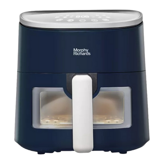 Navy blue Morphy Richards air fryer on a white background