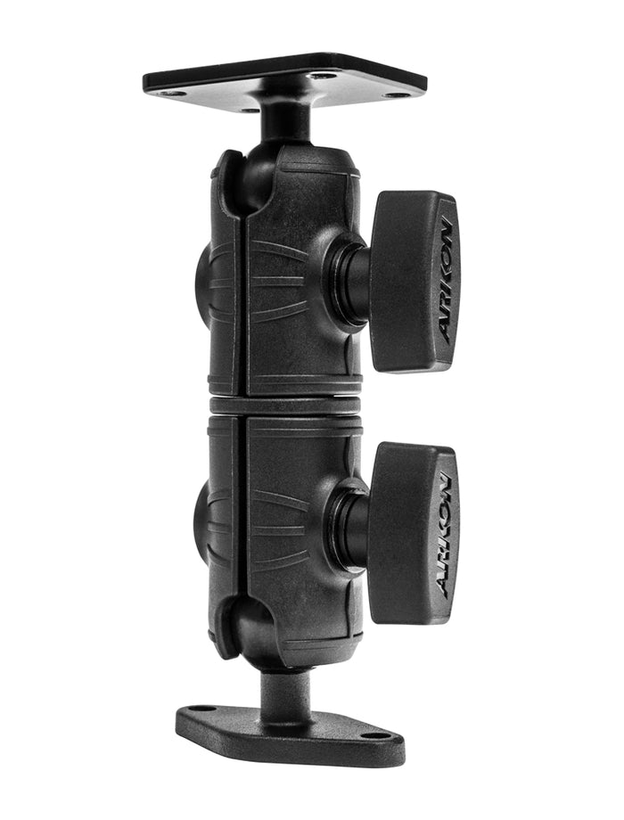 A black Double Socket Swivel Arm with Metal AMPS & Diamond Mount Plates features two rotating knobs and flat base plates at each end, offering secure attachment, versatile positioning, and compatibility with AMPS Mount Plate systems.