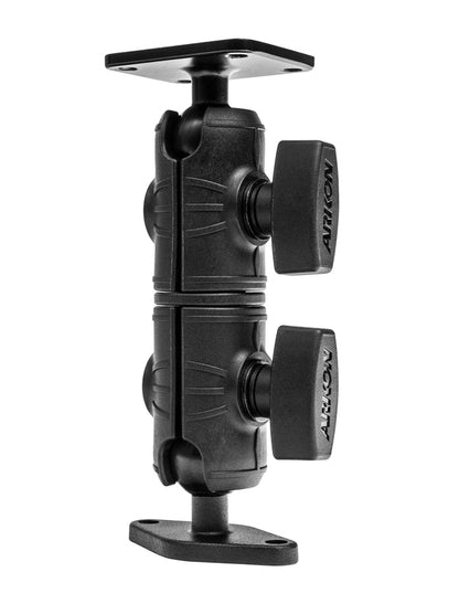 A black Double Socket Swivel Arm with Metal AMPS & Diamond Mount Plates features two rotating knobs and flat base plates at each end, offering secure attachment, versatile positioning, and compatibility with AMPS Mount Plate systems.