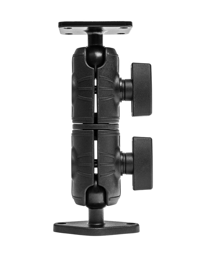 A black Double Socket Swivel Arm with Metal AMPS & Diamond Mount Plates is shown standing vertically against a white background, featuring two tightening knobs for versatile 25mm Ball Mount compatibility.