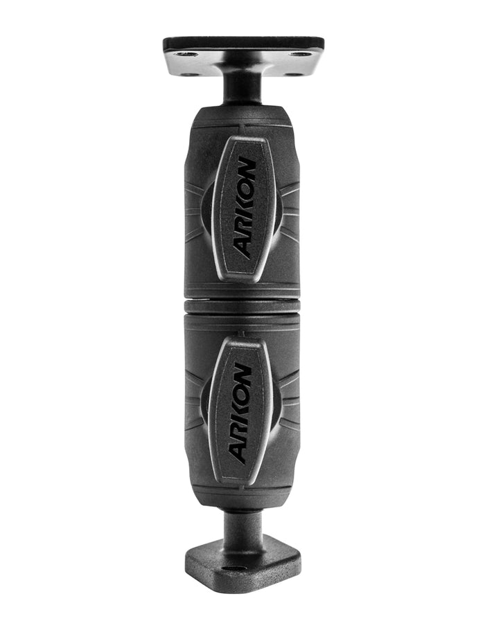 Black and gray Double Socket Swivel Arm with Metal AMPS & Diamond Mount Plates, featuring two articulation joints and the Arkon logo, designed for secure mounting of devices in vehicles or on surfaces.