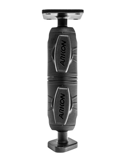 Black and gray Double Socket Swivel Arm with Metal AMPS & Diamond Mount Plates, featuring two articulation joints and the Arkon logo, designed for secure mounting of devices in vehicles or on surfaces.