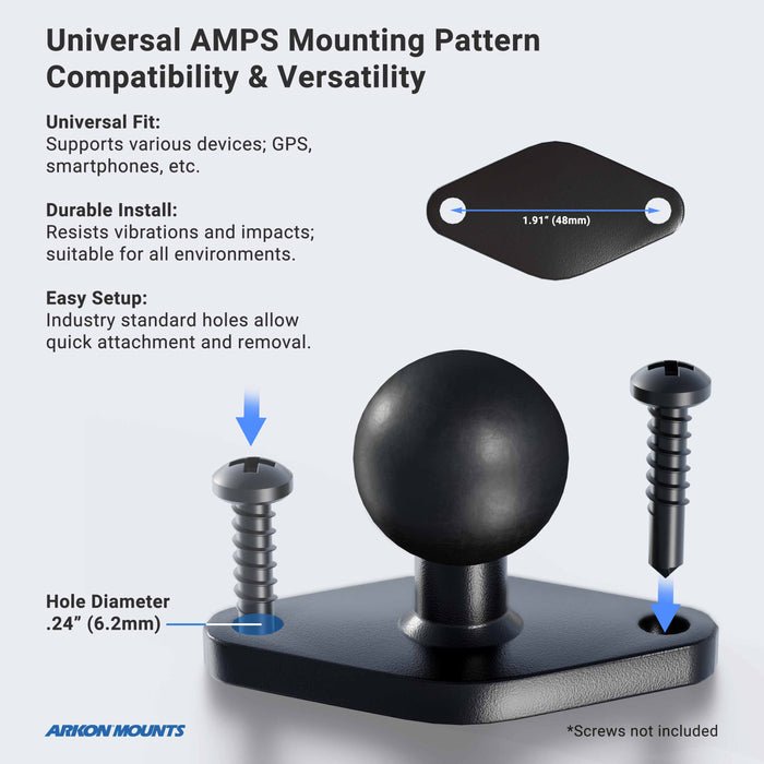 A diagram displays the RoadVise® Clamp Mount with Metal Diamond Mounting Pattern, featuring labeled universal fit, durable install, and easy setup. Compatible with Arkon RoadVise; .24 (6.2mm) hole diameter; screws not included.