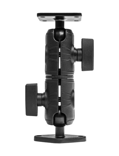 The Double Socket Swivel Arm with Metal AMPS & Diamond Mount Plates is a black adjustable mounting bracket featuring two locking knobs and rectangular base plates on the top and bottom, designed to securely attach devices or equipment. It is compatible with the versatile AMPS Mount Plate system.