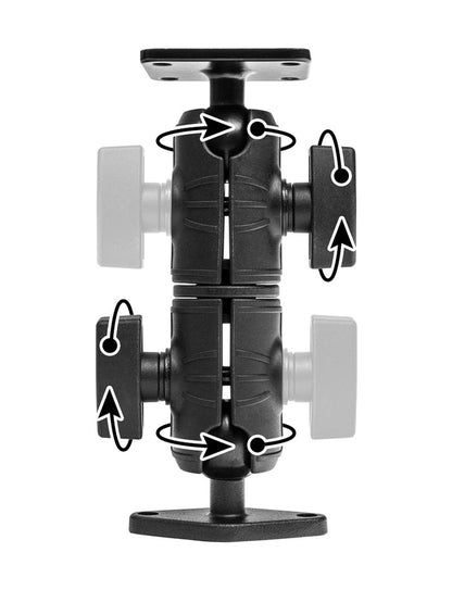 The Double Socket Swivel Arm with Metal AMPS & Diamond Mount Plates features black adjustable mounting brackets with side knobs, a 25mm ball mount, and both AMPS and diamond mount plates for versatile attachment. White arrows show the rotation and movement directions of each joint on the swivel arm.