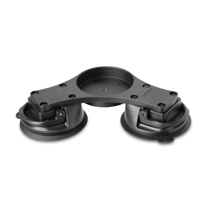 The Double Splitter Bar Plate with Suction Mounts and AMPS Base securely attaches objects to smooth surfaces with its black design, two adjustable suction mounts, and circular center section for stability.