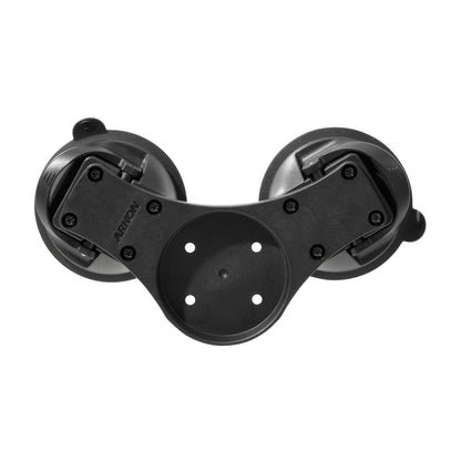 The Double Splitter Bar Plate with Suction Mounts and AMPS Base is a black plastic and metal pedestal with two round suction mounts and a central plate featuring four screw holes, shown against a white background.