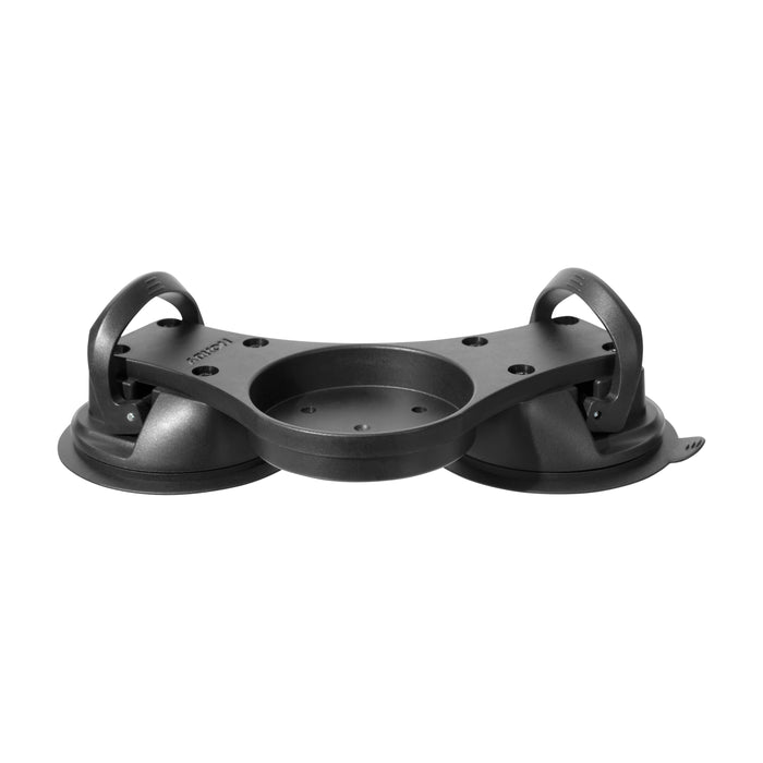 The Double Splitter Bar Plate with Suction Mounts and AMPS Base is a black handle with dual suction cups and a central pedestal, designed for securely lifting and positioning smooth, flat surfaces like glass or tiles.