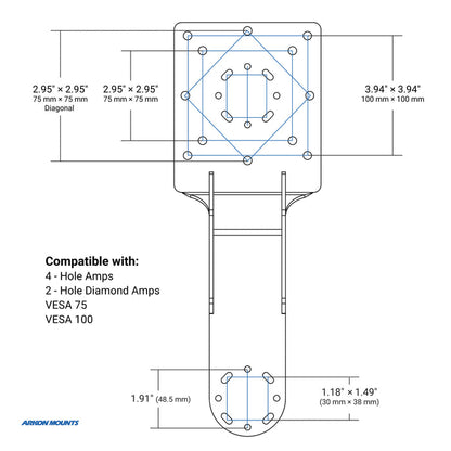 Technical drawing of a mounting bracket with dimensions and compatibility details.