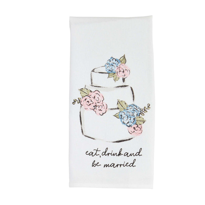 Floral design tea towel with 'eat, drink and be married' text on a white background