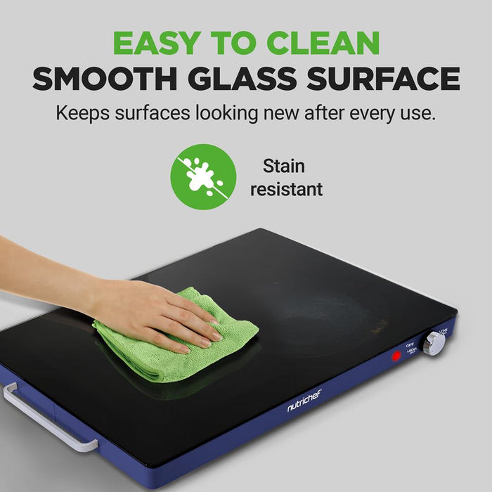 Electric Warming Tray Keeps Food Warm Glass Surface Adjustable Temp Blue