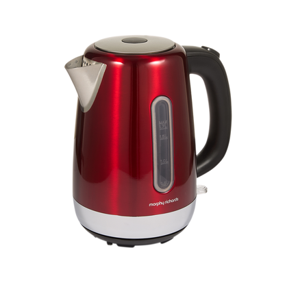 Red jug kettle with black handle on a white background