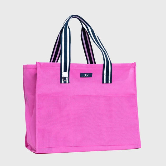 Pink tote bag with striped handles on a light gray background