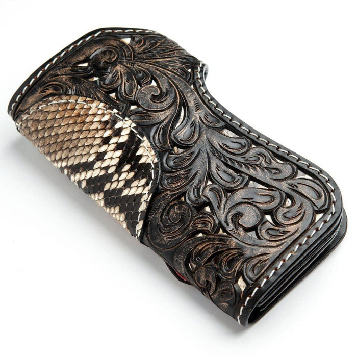 Back exterior view displaying deep floral leather tooling and a genuine snake skin panel wrapping around the folded edge.