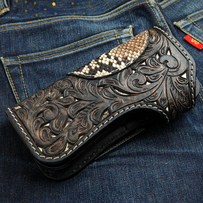 Intricate floral carved leather scrollwork detailed with thick white stitching and a genuine snake skin top panel.